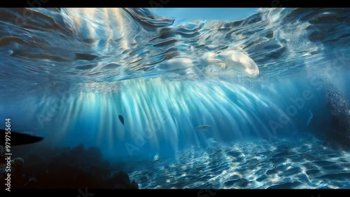 Group of dolphins swimming underwater in clear blue ocean with sun rays filtering through the water