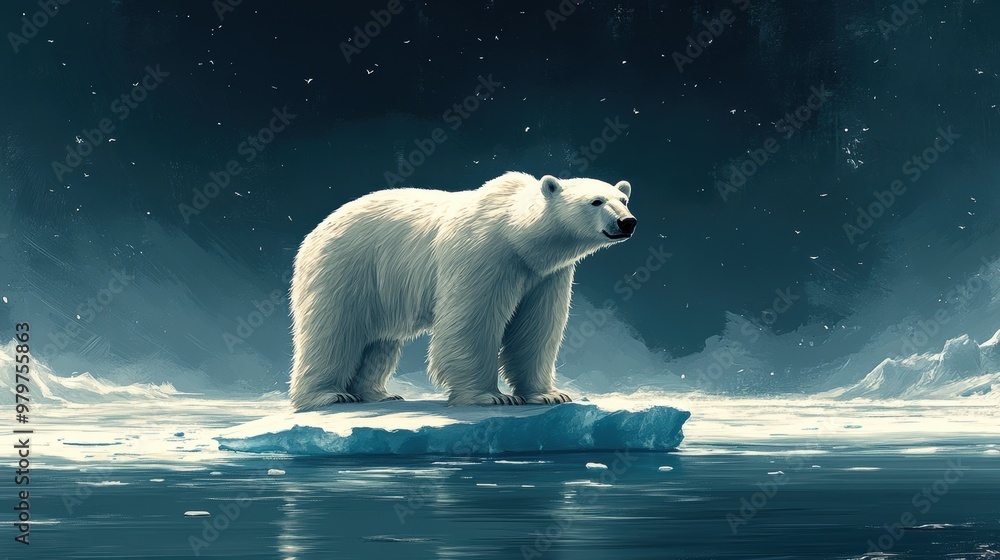 Lonely Polar Bear on Shrinking Ice in Vast Ocean Lonely Polar Bear on Shrinking Ice in Vast Ocean