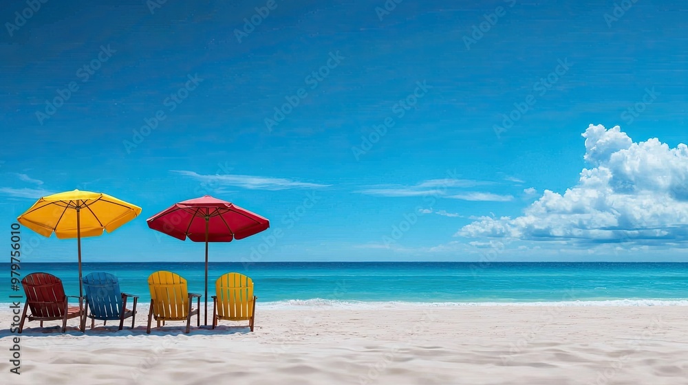A serene beach scene with colorful umbrellas and chairs, perfect for relaxation under a clear sky and tranquil ocean. A serene beach scene with colorful umbrellas and chairs, perfect for relaxation under a clear sky and tranquil ocean.
