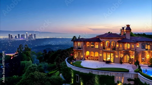 Wallpaper Mural A luxury mansion overlooking a city skyline at sunset, surrounded by lush greenery and a swimming pool. Torontodigital.ca