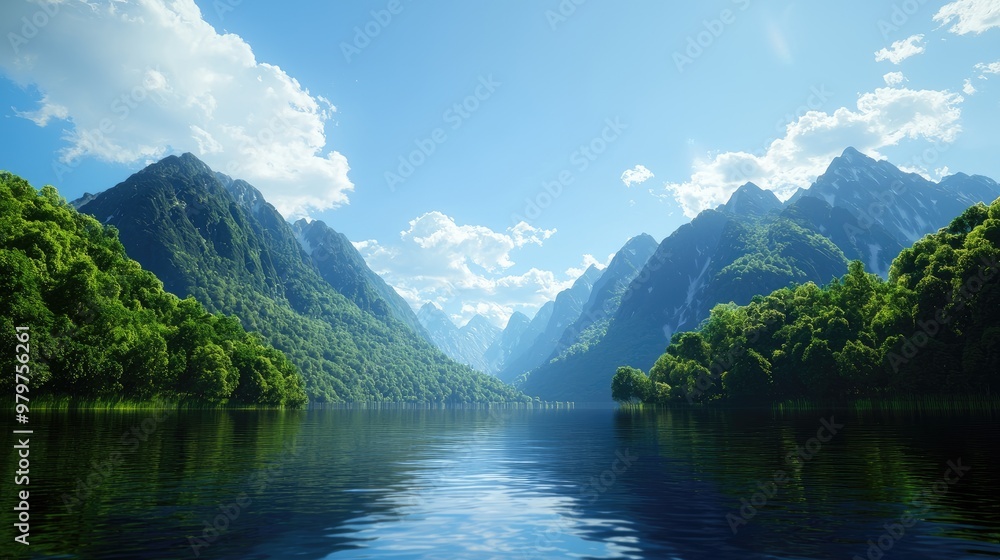A serene landscape showcasing a tranquil lake surrounded by majestic mountains and lush greenery under a bright blue sky. A serene landscape showcasing a tranquil lake surrounded by majestic mountains and lush greenery under a bright blue sky.