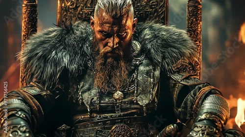 A powerful king Viking barbarian warrior in striking armor sits on an ornate throne, surrounded by a fiery backdrop in a medieval setting