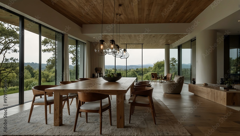 Large table in a living room with nature view Large table in a living room with nature view