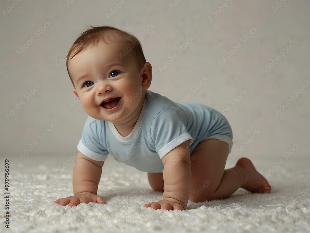 Laughing baby crawling in a diaper against a white background. Laughing baby crawling in a diaper against a white background.