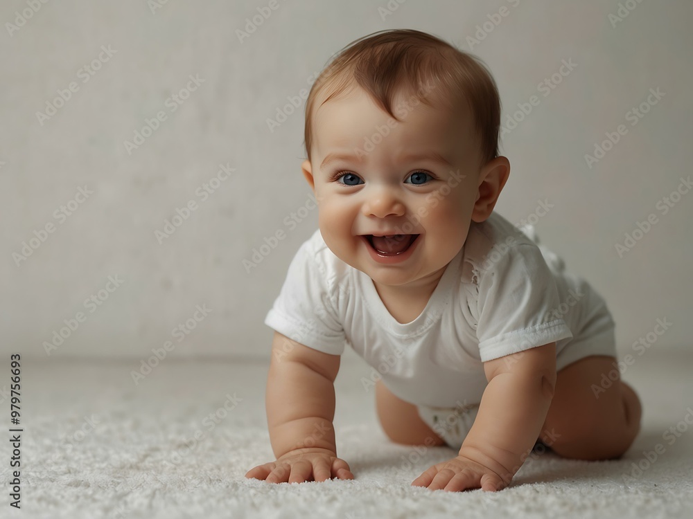 Laughing baby crawling in a diaper against a white background. Laughing baby crawling in a diaper against a white background.