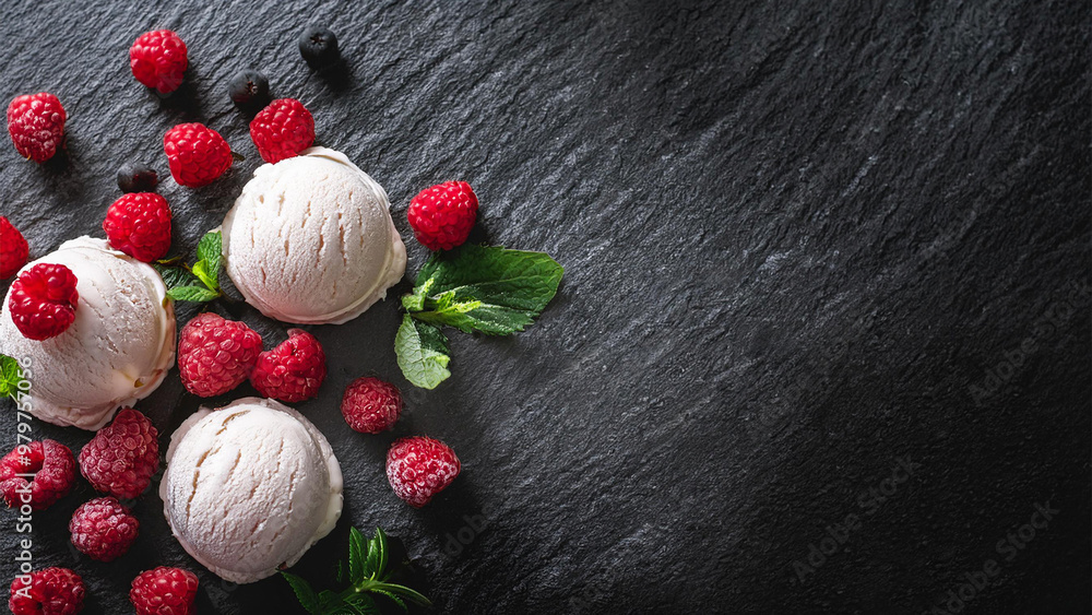 Template comida. Bolas de sorvete de frutas vermelhas cremoso com frutas vermelhas sobre uma mesa de pedra escura, espaço para texto Template comida. Bolas de sorvete de frutas vermelhas cremoso com frutas vermelhas sobre uma mesa de pedra escura, espaço para texto