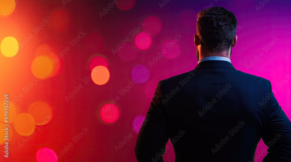 A stylish man in suit stands against a colorful, illuminated backdrop, capturing an atmosphere of elegance and celebration. A stylish man in suit stands against a colorful, illuminated backdrop, capturing an atmosphere of elegance and celebration.