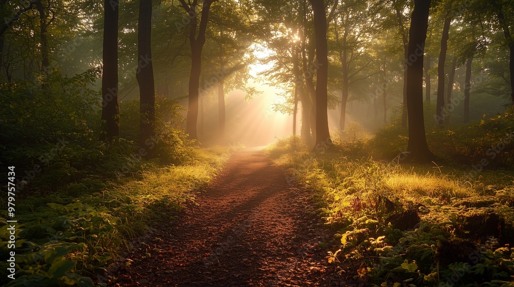 Fototapeta premium Sunlit Autumn Forest Path in the Morning with Mist and Fog