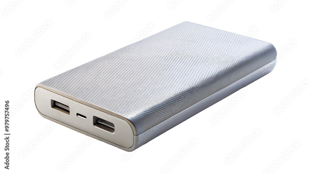 Portable silver power bank isolated on black background, symbolizing tech and device charging. Portable silver power bank isolated on black background, symbolizing tech and device charging.