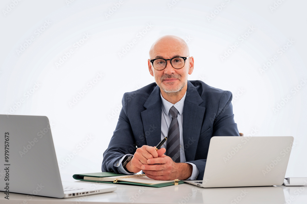 Businessman sitting at desk and using his laptop for work against isolated background Businessman sitting at desk and using his laptop for work against isolated background