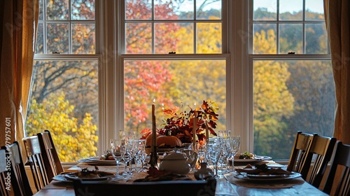 Thanksgiving Feast in a Cozy Autumn Setting with View of Fall Foliage through Window