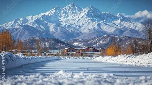 Winter landscape with snow-covered mountains, a frozen lake, and a serene sky