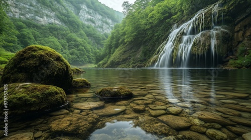 Scenic waterfall cascading through a lush mountain forest with a vibrant river flowing over rocks and stones