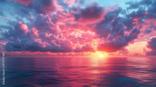 How about “A stunning sunset over the ocean with vibrant orange and red hues reflecting on the water, showcasing a beautiful blend of sky, clouds, and sea”?