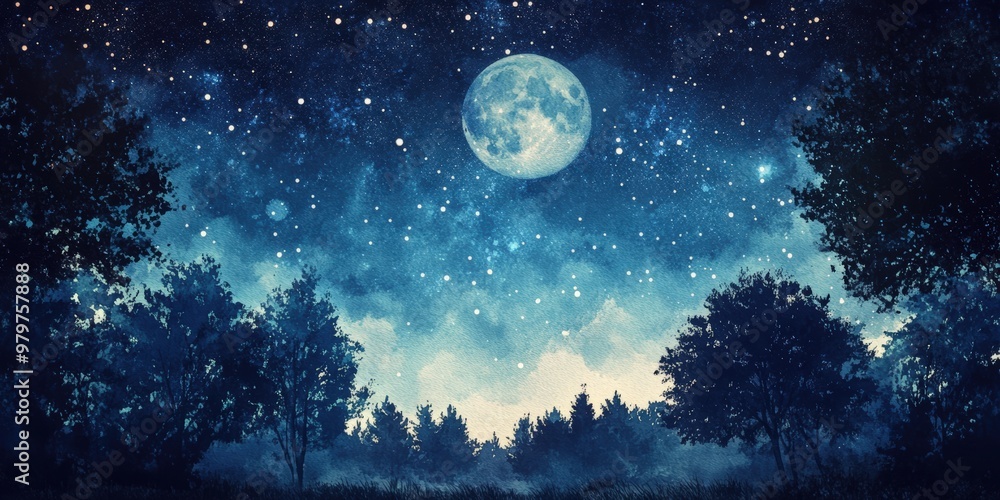 Naklejka premium Forest silhouette with full moon and stars.