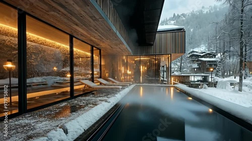 Relaxing retreat at a snowy mountain hotel with a heated pool and modern architecture in winter