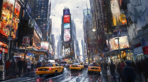 Yellow cabs in a busy city street.