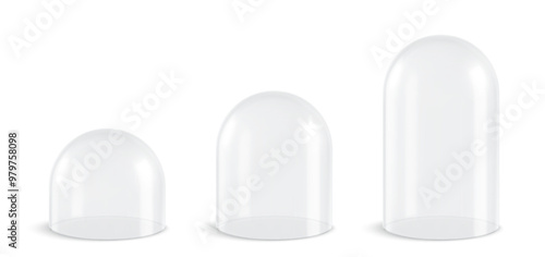 Glass dome, isolated glossy bell sphere or transparent cover, realistic vector 3D. Glass dome or empty protection display, plastic hemisphere or showcase exhibition case jar and spherical globe