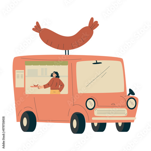 Woman Seller at Food Truck Sell Sausage in Park Vector Illustration