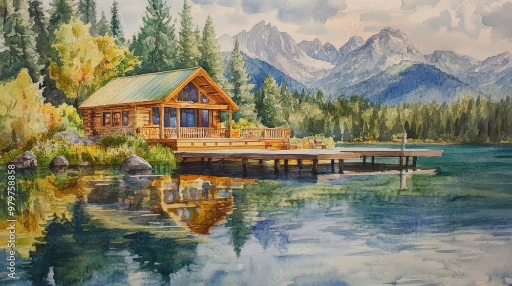 Fototapeta premium A cabin on a lake with mountains in the background.