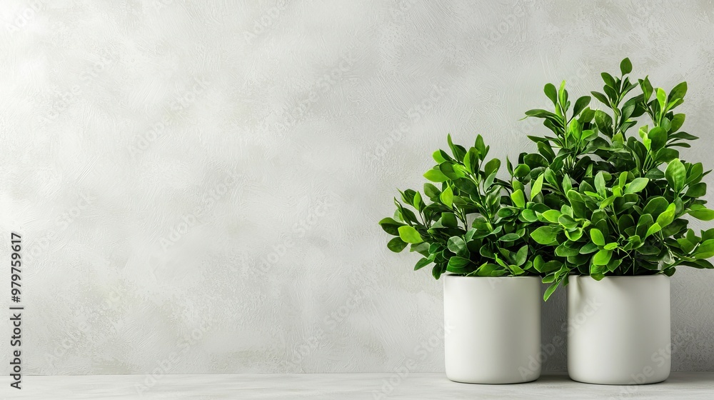 Minimalist indoor plants in white pots against a textured gray background, enhancing a serene and modern atmosphere. Minimalist indoor plants in white pots against a textured gray background, enhancing a serene and modern atmosphere.