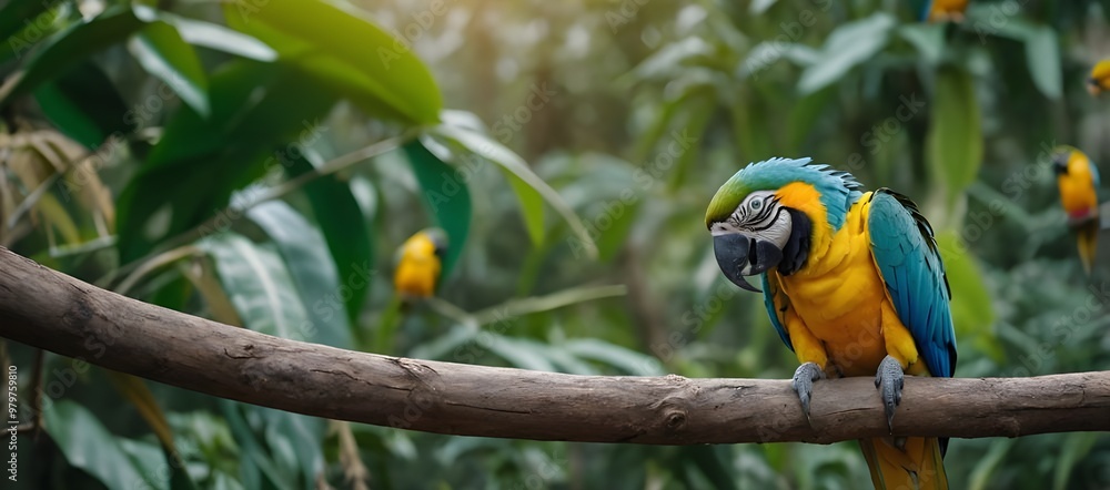 Obraz premium parrot on a tree, wild sparrow, blue and yellow macaw, Habitat and Behavior of Parrots in Tropical Rainforests, Comparative Study of Wild Sparrows and Tropical Parrots