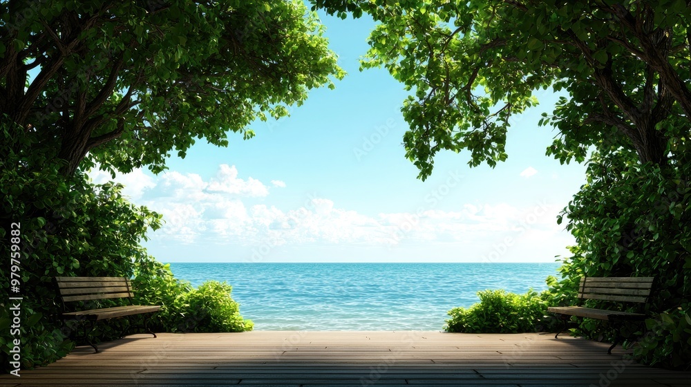 Serene coastal view framed by lush trees and benches, ideal for relaxation and tranquility by the sea. Serene coastal view framed by lush trees and benches, ideal for relaxation and tranquility by the sea.