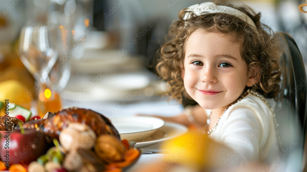 Joyful child at festive table with autumn decorations and roast turkey