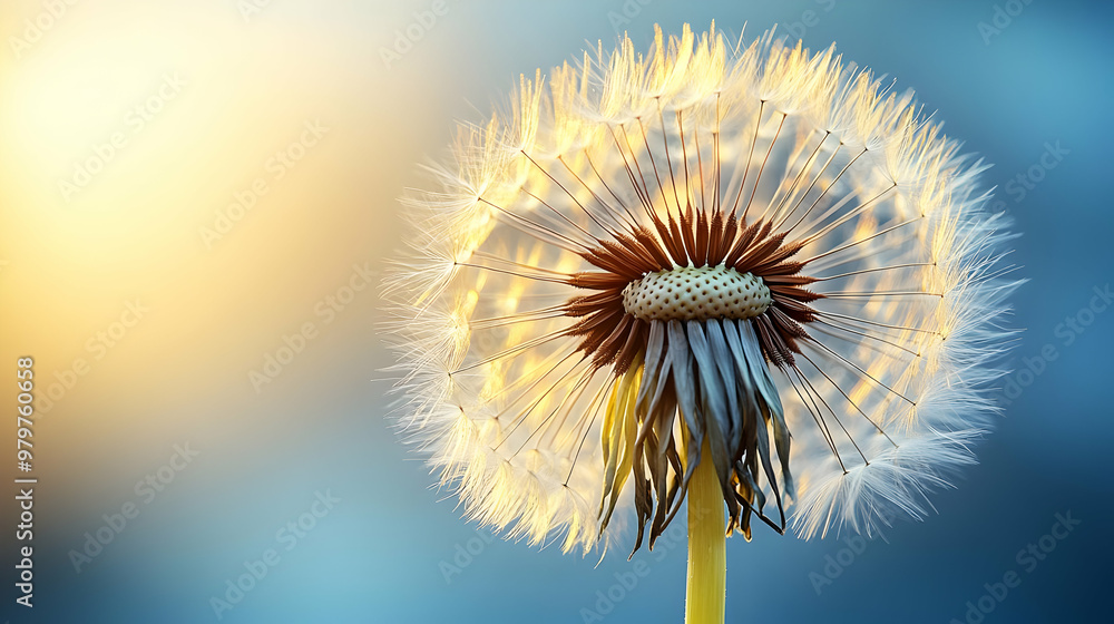 Close-up View of a Dandelion with a Soft, White Seed Head Against a Blurry Blue and Yellow Background Close-up View of a Dandelion with a Soft, White Seed Head Against a Blurry Blue and Yellow Background