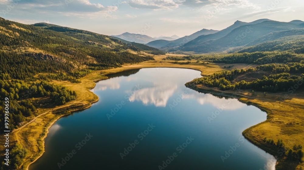 An aerial view of a water reservoir with a focus on the surrounding landscape, including forests, mountains, and the water's reflective surface. An aerial view of a water reservoir with a focus on the surrounding landscape, including forests, mountains, and the water's reflective surface.
