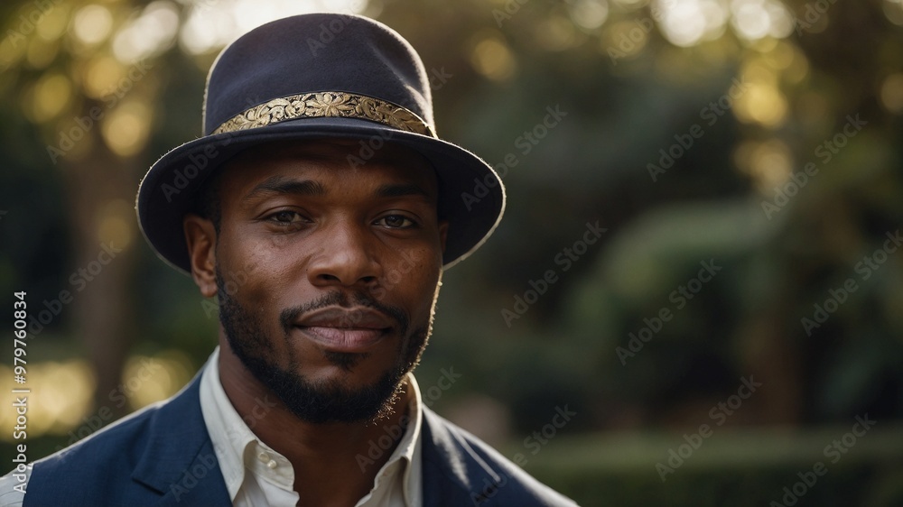 Middle-aged Black man with short beard wearing black hat with decorative band Middle-aged Black man with short beard wearing black hat with decorative band