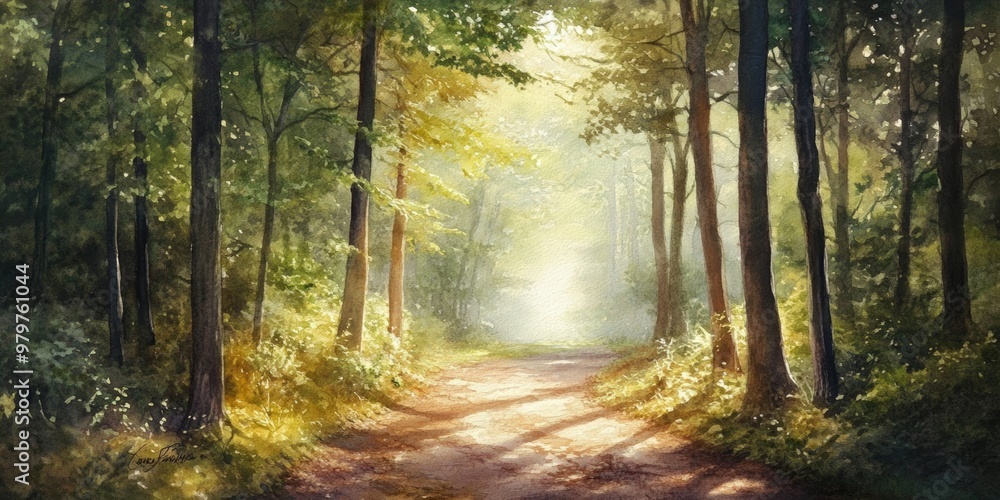 Sunlit path through a dense green forest. Sunlit path through a dense green forest.