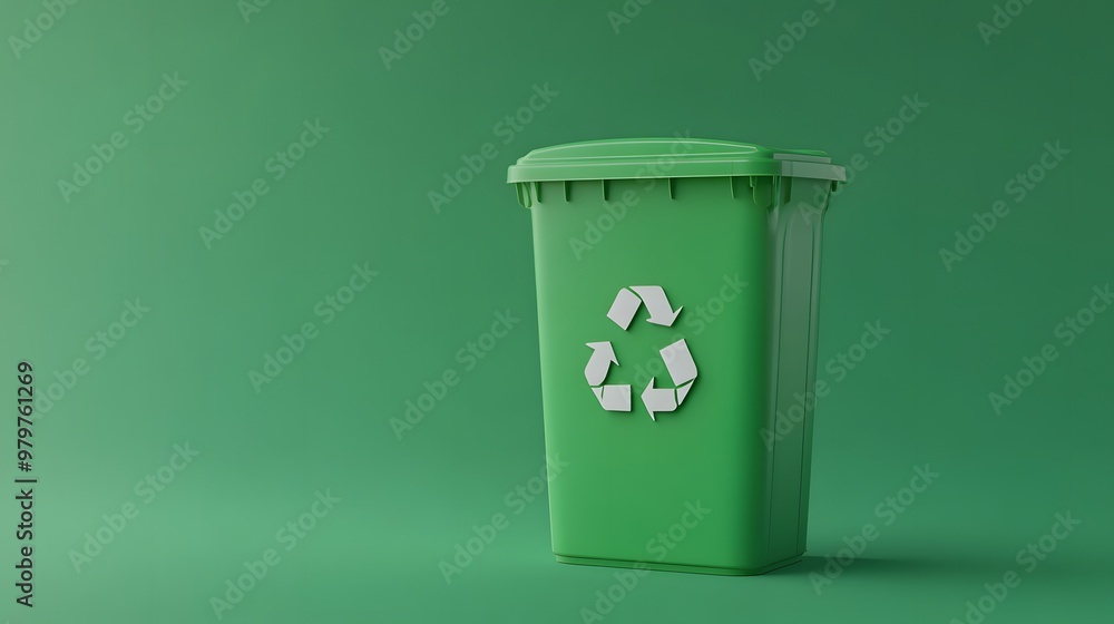 Green recycling bin with a white recycling symbol on it, isolated on a light background Green recycling bin with a white recycling symbol on it, isolated on a light background