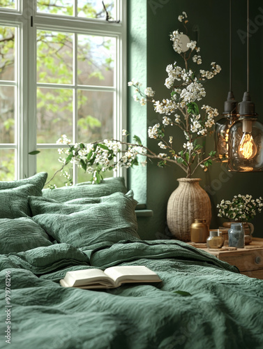 A cozy bedroom with green bedding and a book waiting to be read.