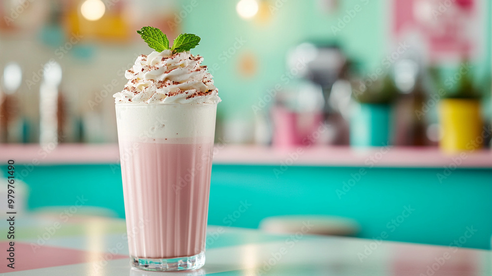 Delicious milkshake topped with whipped cream and mint Delicious milkshake topped with whipped cream and mint