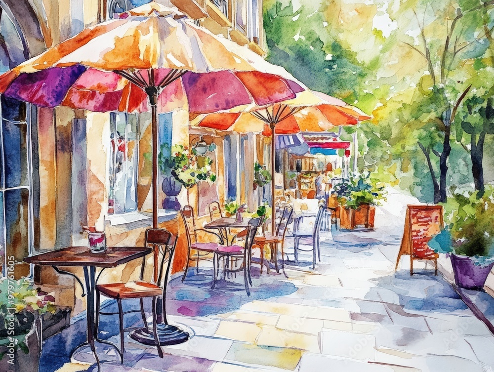 Obraz premium Watercolor painting of a Parisian cafe patio.