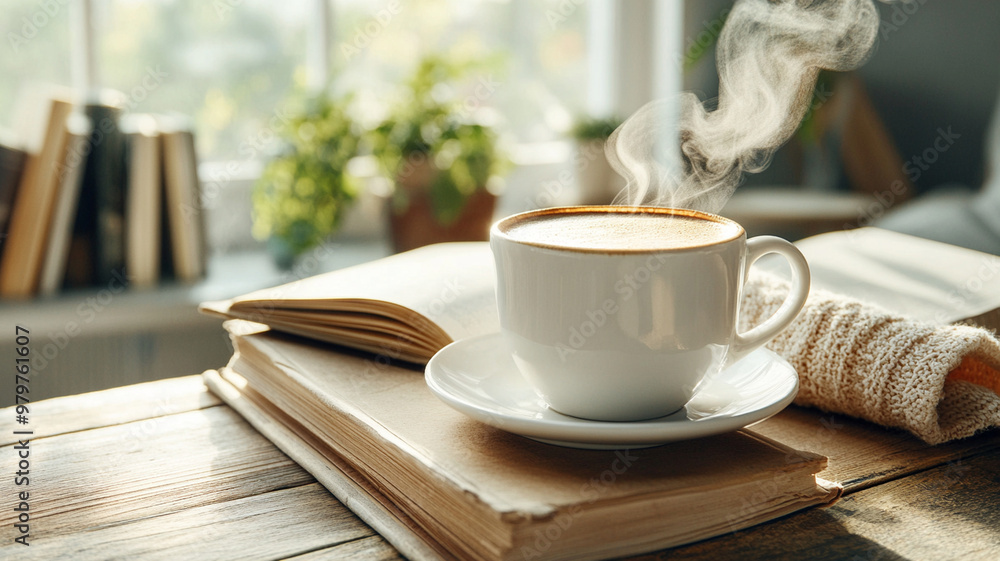 A steaming cup of coffee sits on cozy table beside an open book, creating warm atmosphere A steaming cup of coffee sits on cozy table beside an open book, creating warm atmosphere