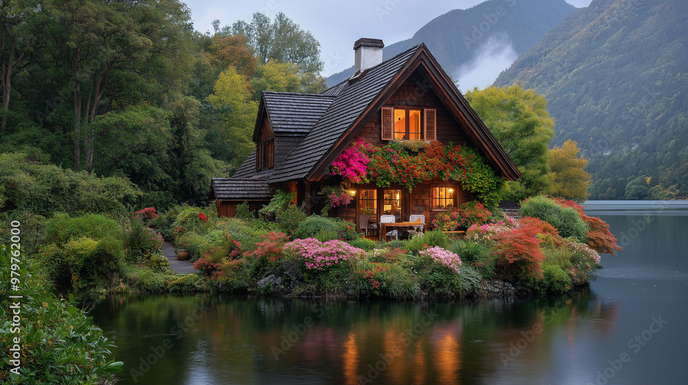 Obraz premium Tiny House Near a river dense forest