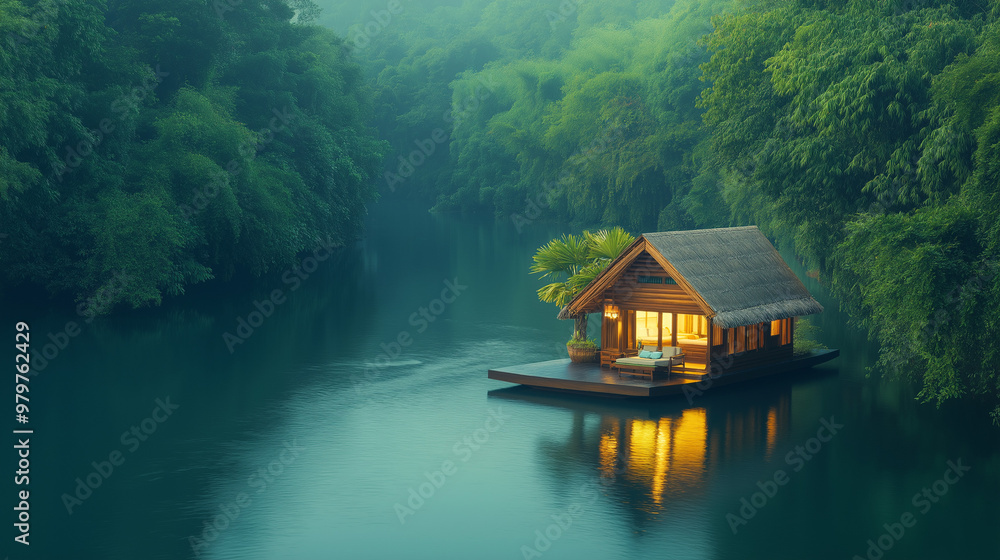 Obraz premium Tiny House Near a river dense forest