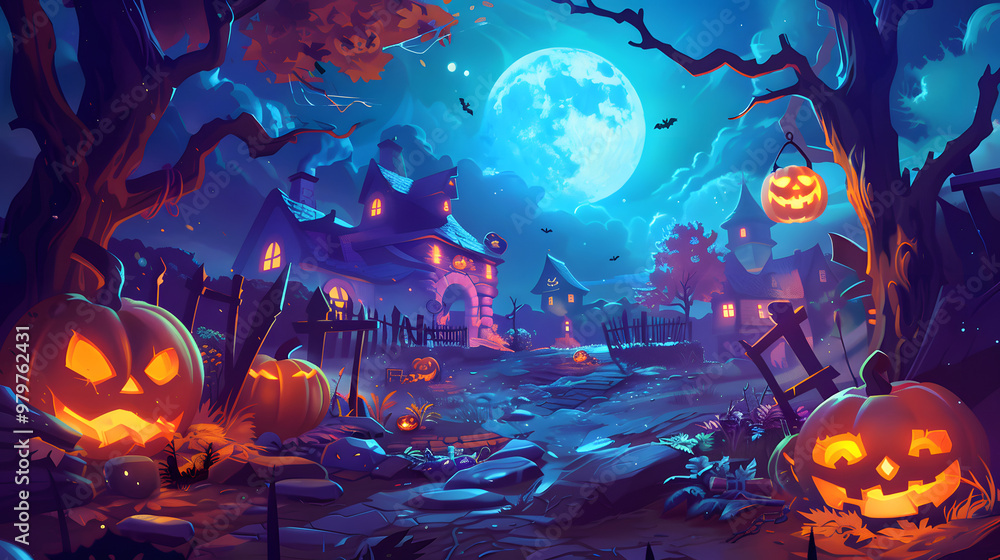 Obraz premium Halloween theme wallpaper haunted house horror watercolor style