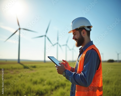 an engineer in a white helmet with a tablet in his hands against the background of wind farms