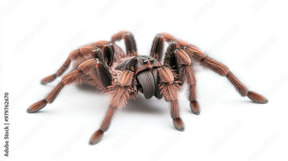 A large brown and black spider is standing on a white background A large brown and black spider is standing on a white background