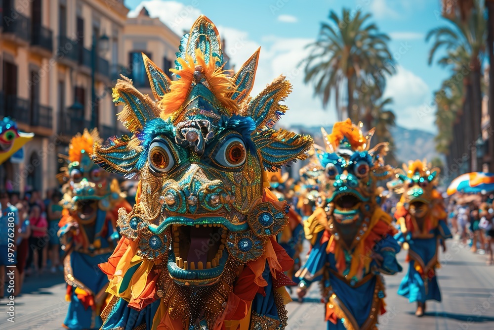 A group of people wearing colorful costumes and masks A group of people wearing colorful costumes and masks