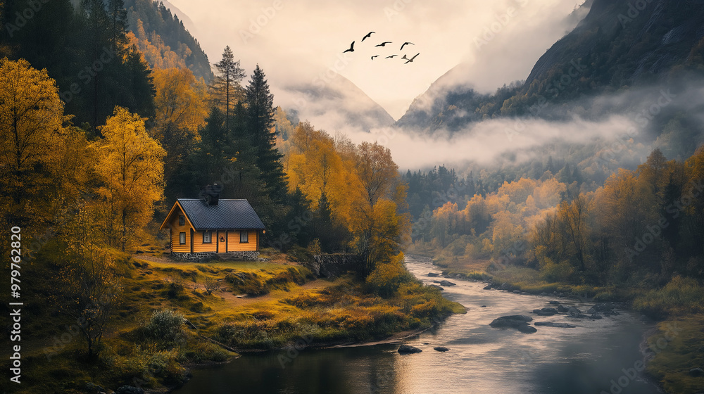 Fototapeta premium Tiny House Near a river dense forest