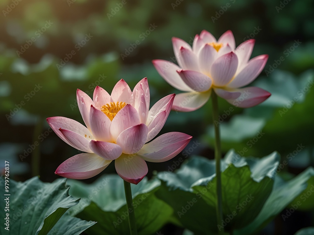 Lotus flowers standing out against green leaves in summer. Lotus flowers standing out against green leaves in summer.