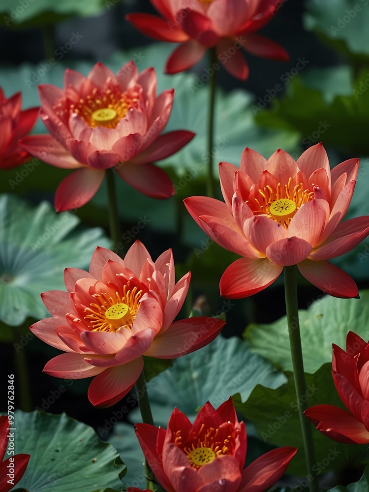 Lotus flowers with vibrant red petals and green foliage. Lotus flowers with vibrant red petals and green foliage.