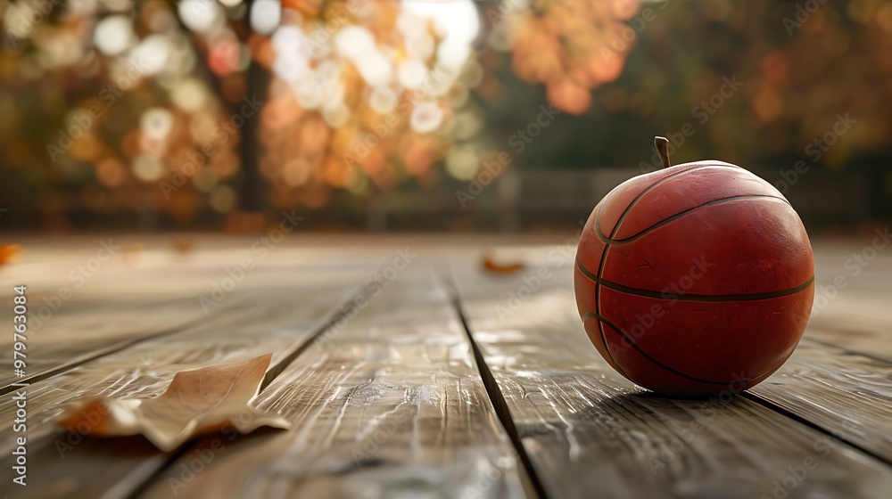 A wooden court with an apple and the size of a basketball A wooden court with an apple and the size of a basketball