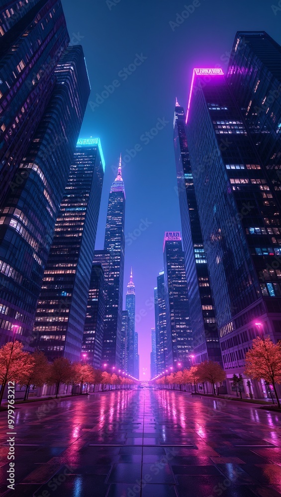 Obraz premium Futuristic city skyline with neon lights reflecting on skyscrapers