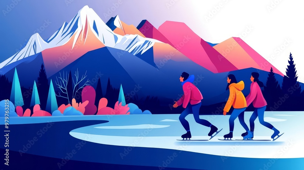Naklejka premium Friends ice skating on a frozen mountain lake, side view, symbolizing joy and escape, futuristic tone, Split-complementary color scheme
