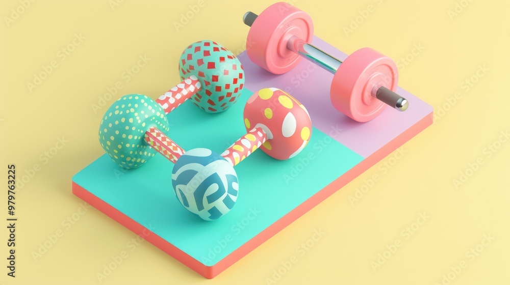 Colorful Dumbbells and Barbell on a Yellow Background Colorful Dumbbells and Barbell on a Yellow Background